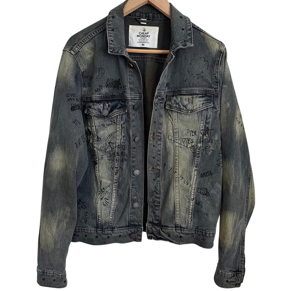 Cheap Monday Staple Denim Jacket Psyched SZ Medium Blue Graffiti Hand Print